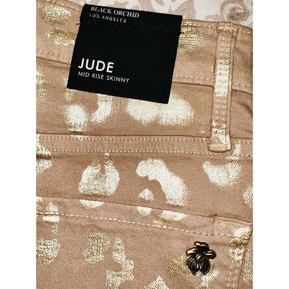 NWT $260 JUDE SKINNY JEANS BLACK ORCHID LOS ANGELES ANIMAL PRINT TAN & GOLD 28 - Picture 5 of 6